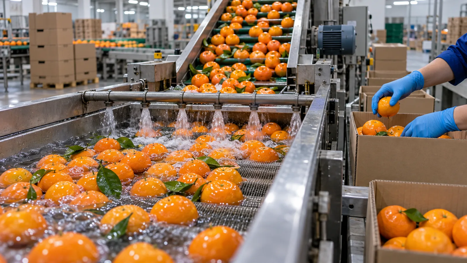 Turunçgil paketleme tesisinde yıkanıp boylanan mandalinalar ve ihracat kolileri — yapay zekâ ile oluşturulmuş temsili görsel